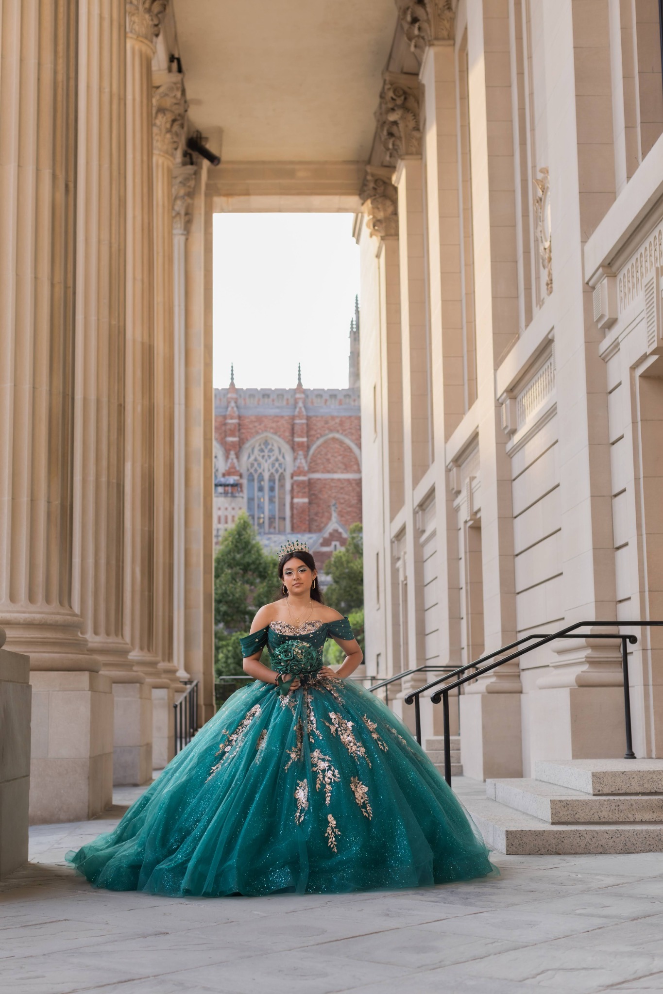Quinceañera portrait with elegant architecture