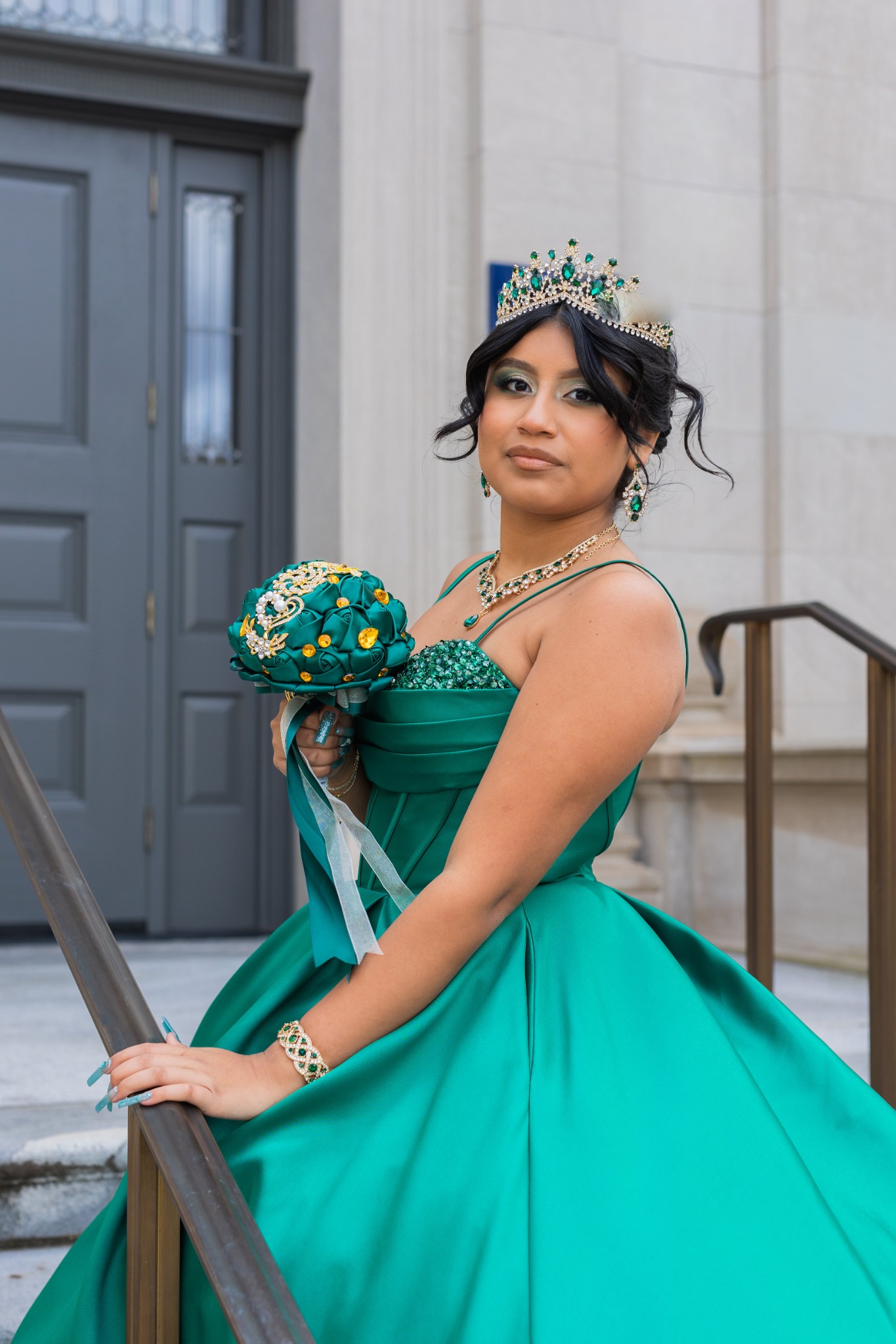 Quinceañera portrait in emerald dress